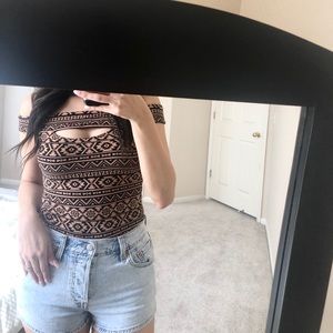 Express off the shoulder printed thong bodysuit